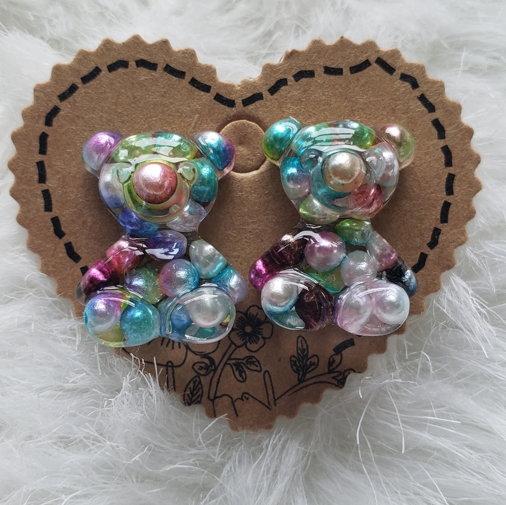 Handmade Rainbow Pearl Bear Stud Earrings